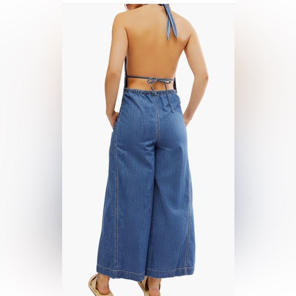 NWOT Free People Sunrays Denim Halter Jumpsuit - Picture 2 of 9